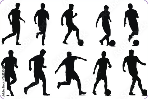 Black silhouettes of Soccer player, Soccer player vector silhouettes, Football Soccer player silhouette with ball, Football players, Soccer Players Silhouettes