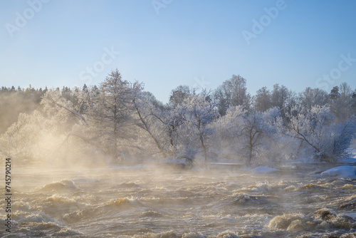 River landscape with frost and snow in a cold morning. Farnebofjarden national park in north of Sweden. © Conny Sjostrom