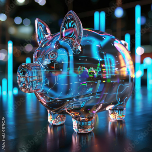 Futuristic piggy bank with digital growth indicators symbolizing tech driven savings and investment