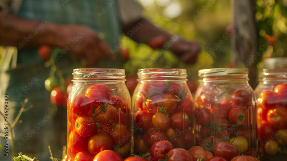 Jars of preserved tomatoes on a rustic table. Jars of preserved tomatoes on a rustic table.