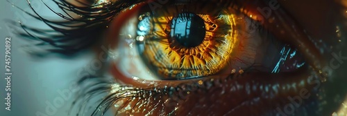 Close-up of a virtual hologram in an eye. Generative Ai. photo