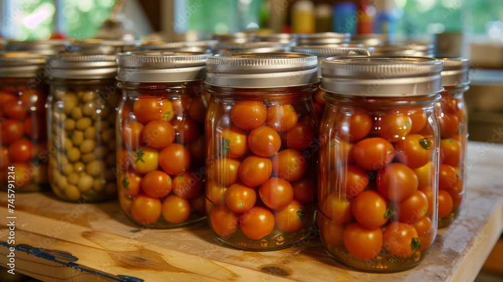 Jars of preserved tomatoes on a rustic table. Jars of preserved tomatoes on a rustic table.