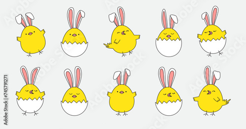 Easter chick with ears bunny, chicken egg cute rabbit doodle, cartoon yellow character icon, Easter egg hunt drawing. Animal vector illustration