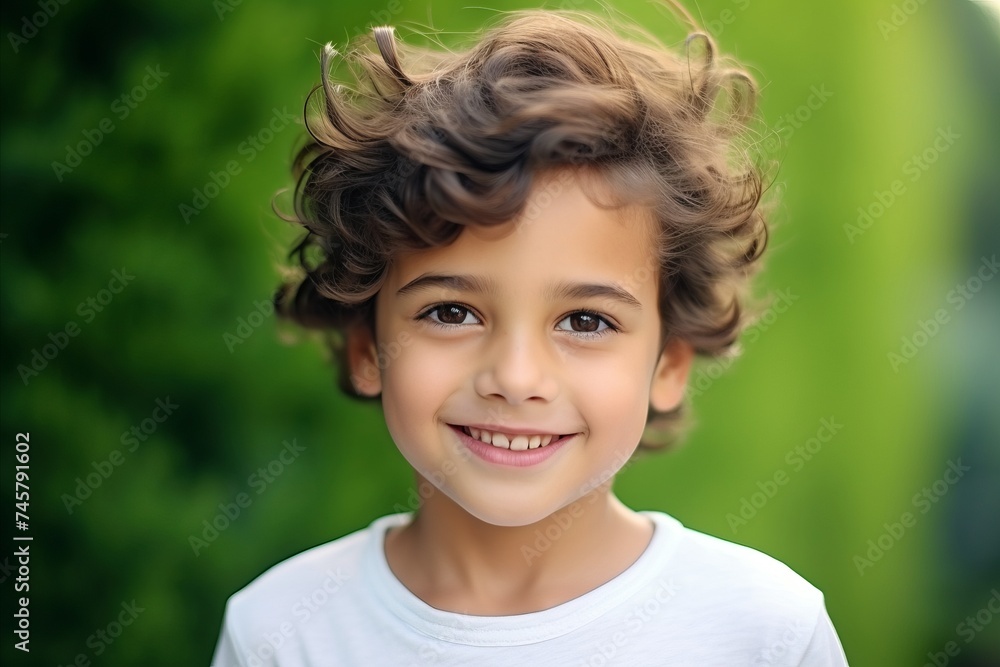 Portrait of a cute little boy with curly hair in the park
