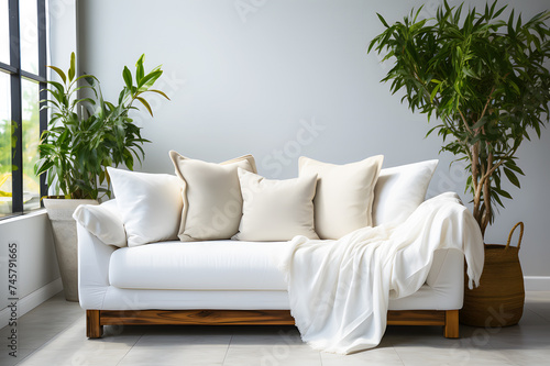 Modern empty white sofa pillow pillow placed on top on white background. Decorate place in living room or drawing room with plant vase. Sunlight shining through window. Modern interior decoration.	