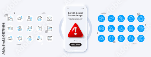 Wholesale goods, Dirty spot and Car leasing line icons. For web app, printing. Phone mockup with 3d danger icon. Vector