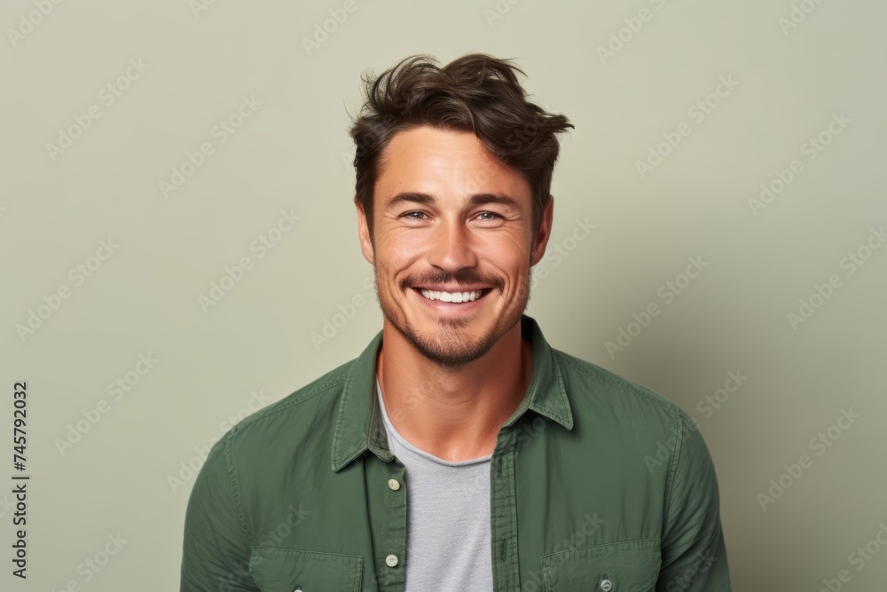 Portrait of a handsome young man smiling against a green background. Portrait of a handsome young man smiling against a green background.