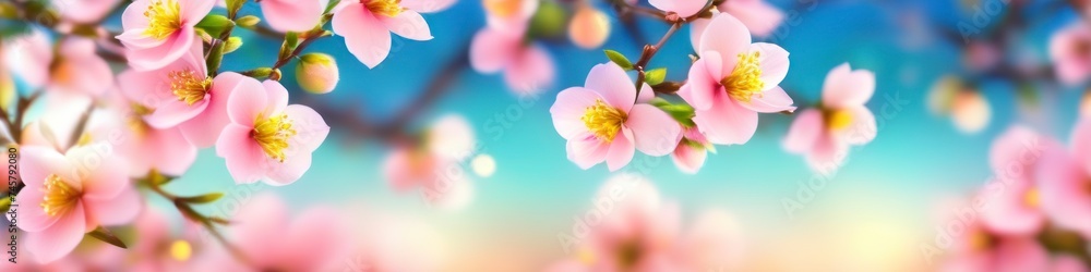 Abstract colorful blurred illustration of blooming spring peach branch on blurred bokeh background, space for text. Concept for valentine's day or birthday or mother's day or women's day.