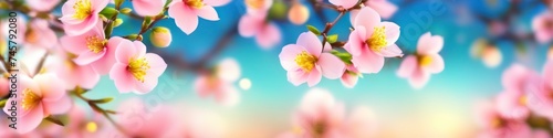 Abstract colorful blurred illustration of blooming spring peach branch on blurred bokeh background, space for text. Concept for valentine's day or birthday or mother's day or women's day.