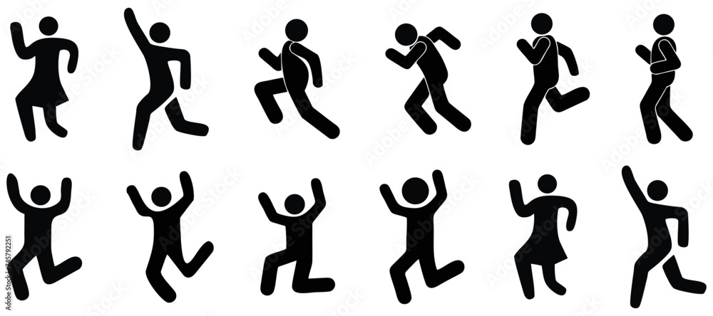 Man Running icon, stick figure pictogram people go in for sports. icon silhouette of a dancing couple. icon dance man and a woman
