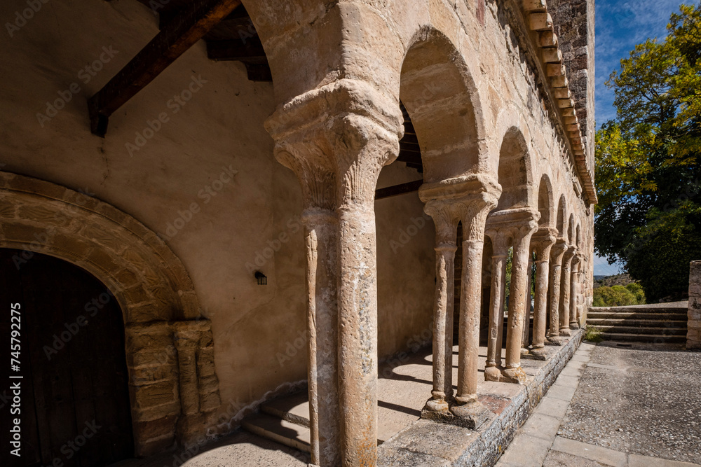 arcaded gallery of semicircular arches on paired columns, Church of the Savior,   13th century rural Romanesque, Carabias, Guadalajara, Spain