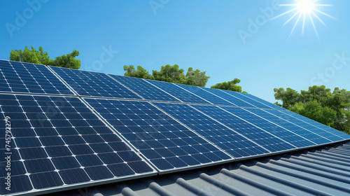 Solar panels on a roof of a house. A row of solar batteries for suns’s energy, green energy concept. Trees and greenery on the background. Sustainable renewable solar power, eco-consiousness