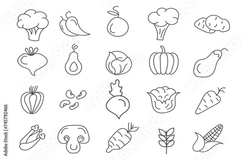 Set of vegetables in flat design. Healthy food. Salad, carrot, broccoli, potato, mushroom, agriculture. Hand drawn doodles. Editable seamless pattern. Vector illustration