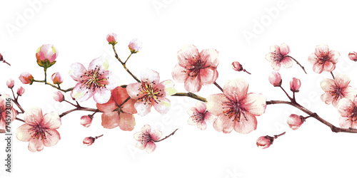 Blossoming branch from tree, sakura, cherry or apple buds and flowers seamless border, pattern. Spring blossoms, springtime watercolor clipart. Hand drawn isolated illustration on white background