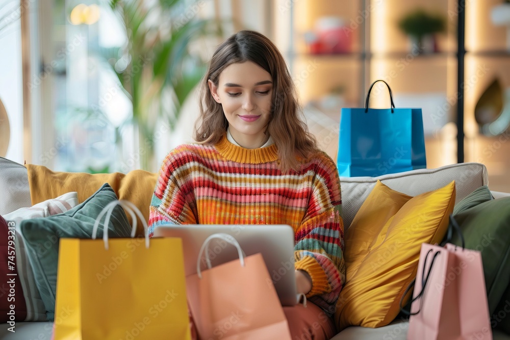 woman shopping online with bags woman shopping online with bags