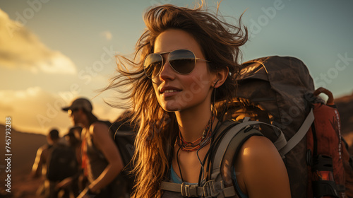 Stylish female hiker with sunglasses and backpack trekking in mountains at sunset, travel concept © amixstudio