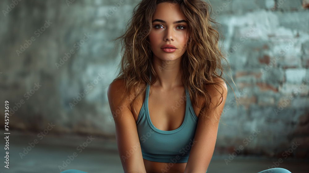 Beautiful girl with loose hair in a sports bra and a toned figure in the gym Beautiful girl with loose hair in a sports bra and a toned figure in the gym