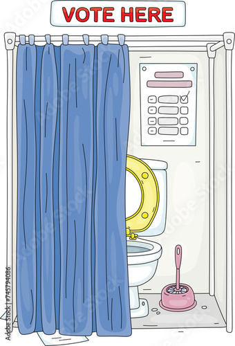 Polling booth with a toilet seat behind a curtain for voting in an election, vector cartoon illustration on a white background