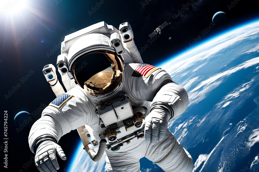 Astronaut on a spacewalk against earth backdrop. Space explorer in a white suit hovers above earth, capturing the vastness of space