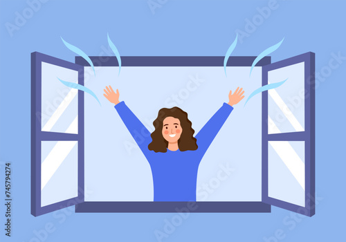 Woman opening her room windows to breath fresh air in the morning.