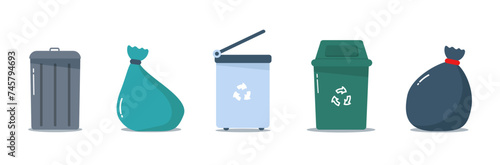 Cartoon colored trash cans isolated on a white background. Metal and plastic trash bins, garbage bags in flat design. Multi-colored waste bins full of garbage.