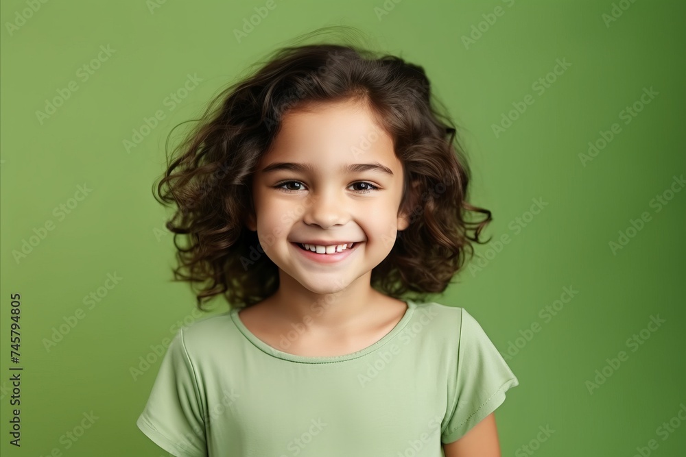 Portrait of a smiling little girl with curly hair over green background Portrait of a smiling little girl with curly hair over green background