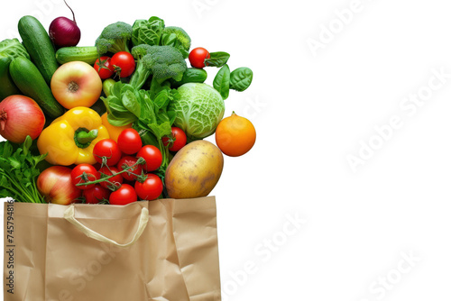Shopping bags with groceries and fresh vegetables isolated on transparent background. photo