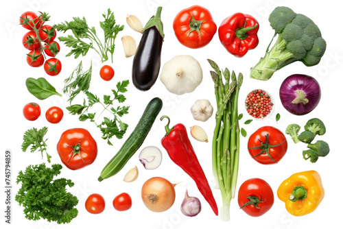 Top-down view, collection of vegetables isolated on transparent background.