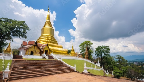 Chiang Mai city landscape with Wat Phra That Doi Kham temple stair and couldy sky photo