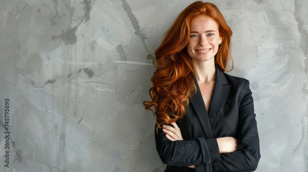 Portrait of successful redhead woman in business suit, arms crossed and smiling. Success. Goals. Achievement. Room for copy space. Portrait of successful redhead woman in business suit, arms crossed and smiling. Success. Goals. Achievement. Room for copy space.