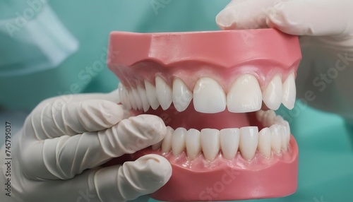 Closeup of hand dentist is holding dentures jaw showing how to brush the teeth