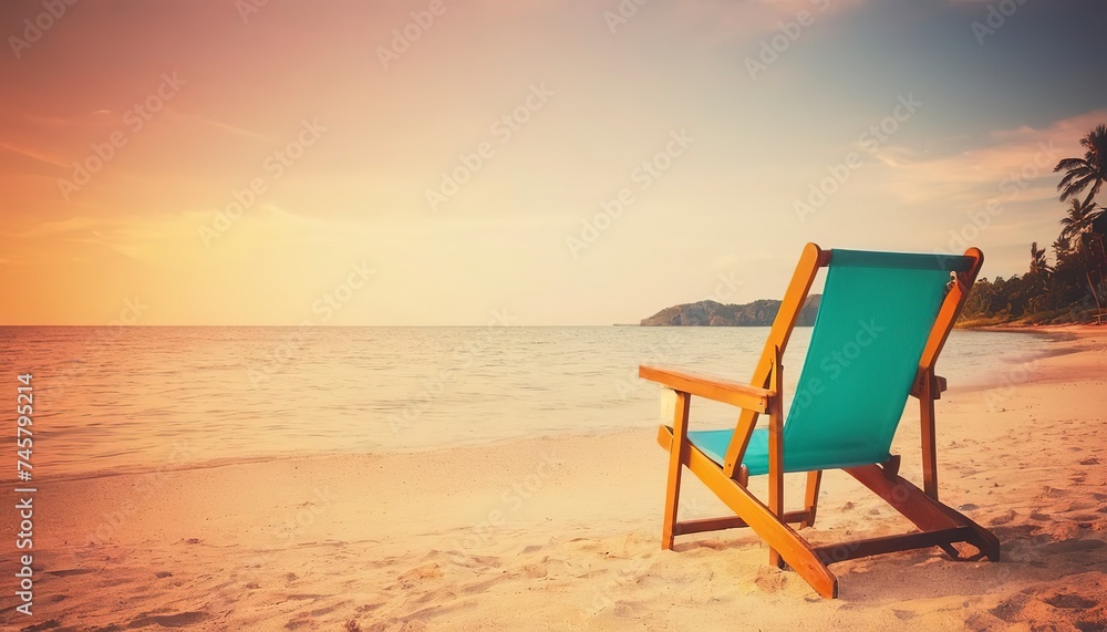 Empty beach chair on the beautiful tropical beach and sea at sunset time