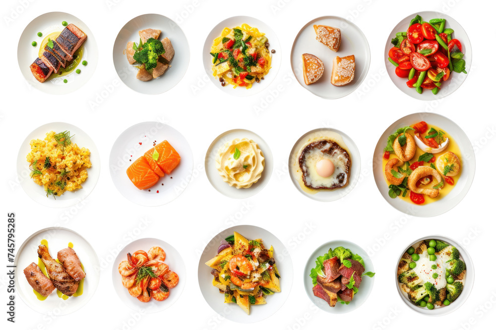 various plates of food isolated on white background, top view various plates of food isolated on white background, top view
