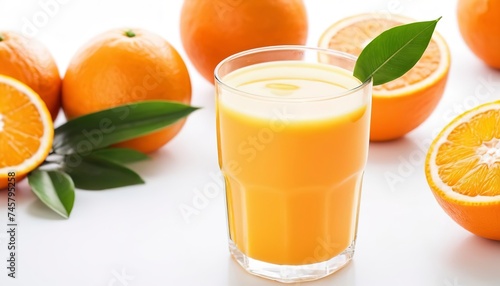 Fresh orange juice fruit drink glass over white background - tropical orange fruit