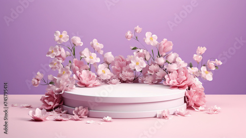 Romantic podium stand for products with a purple background and flowers. Garden rose floral summer background podium cosmetic stage