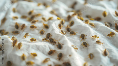 white sheet bed in the hotel bedroom with Bedbug colony on its top, top view photo