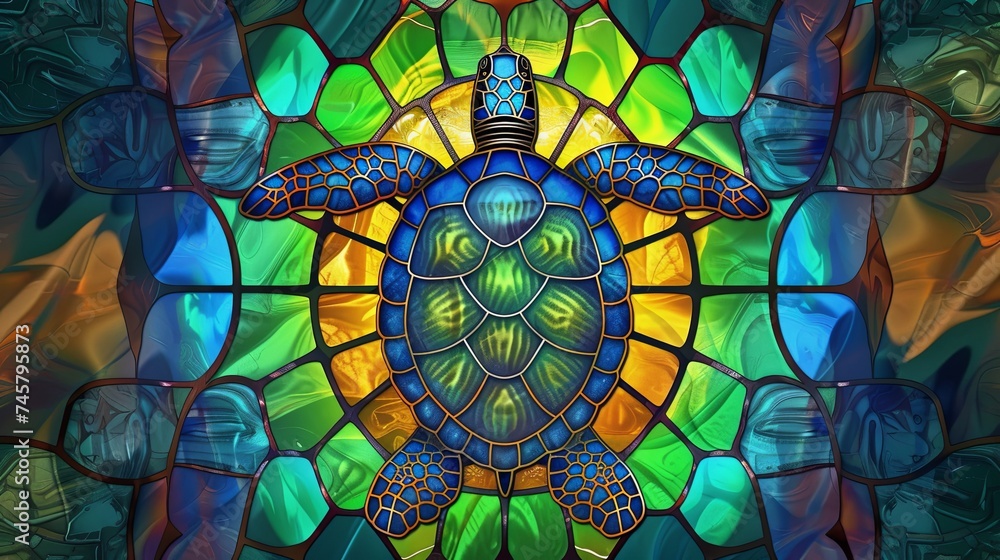 A stained glass window with a turtle on it