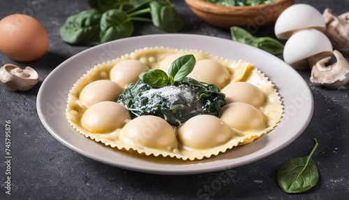 Raw ravioli with flour egg musrooms and and spinach. Italian or mediterranean healthy cuisine