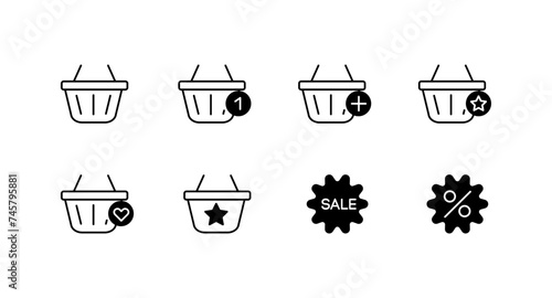 Cart, sale icons. Different styles, set of baskets for shopping design, purchase buttons. Vector icons