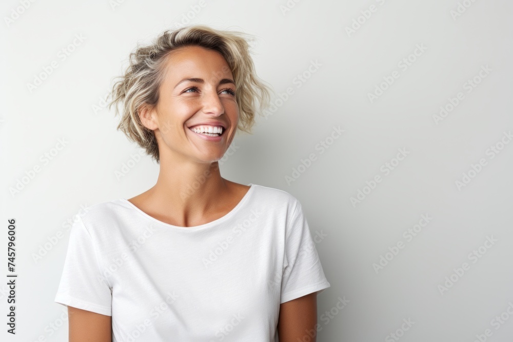 Portrait of a happy young woman laughing and looking up against grey background Portrait of a happy young woman laughing and looking up against grey background