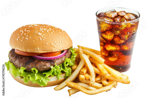 Hamburger and cheeseburger with coke soda, deluxe fast food, isolated on transparent background.