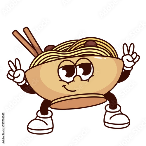 Groovy noodle bowl cartoon character with V fingers gesture. Funny retro hot ramen with chopsticks, food delivery of Asian restaurant mascot, cartoon noodle sticker of 70s 80s vector illustration
