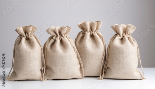 The set of White Bags of burlap isolated on white background photo
