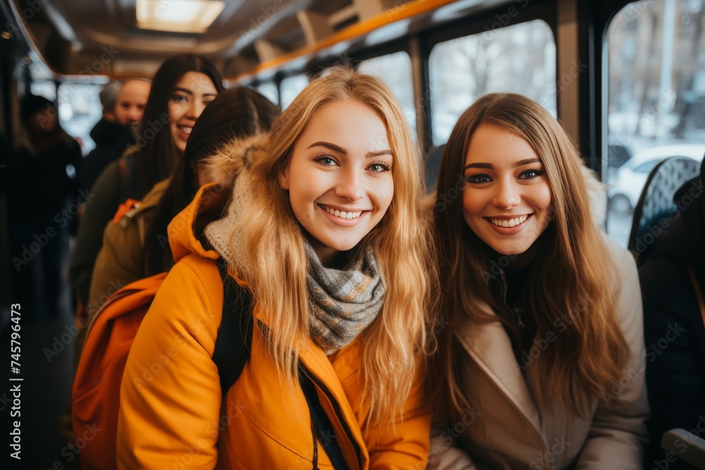 A diverse group of young friends of different nationalities enjoying a trip together on a bus A diverse group of young friends of different nationalities enjoying a trip together on a bus