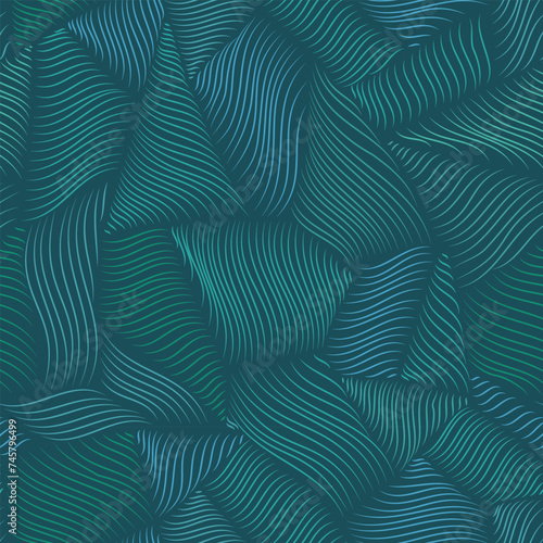 Metallic wavy line marine texture in green and blue. Abstract endless ocean pattern of curvy glossy shapes.