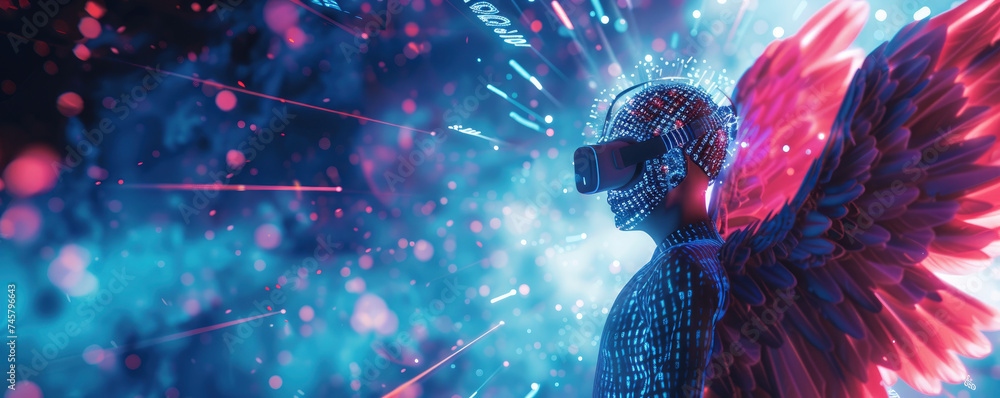 Fototapeta premium Neon angel in a virtual reality dreamscape magic codes swirling in ether