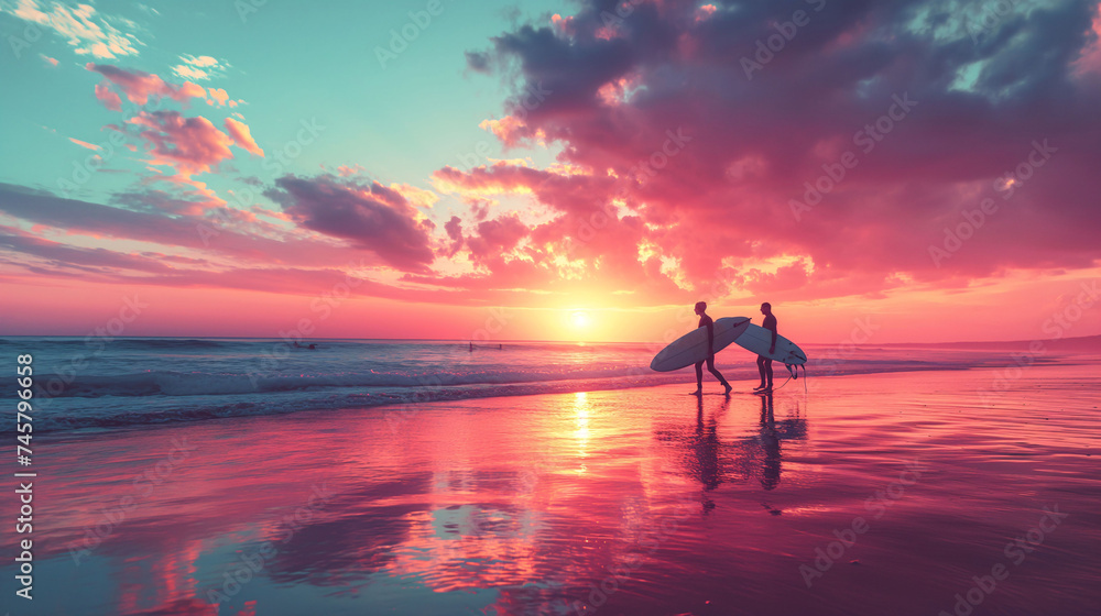 Couple of people surfing against a background of dramatic pink sky and ocean