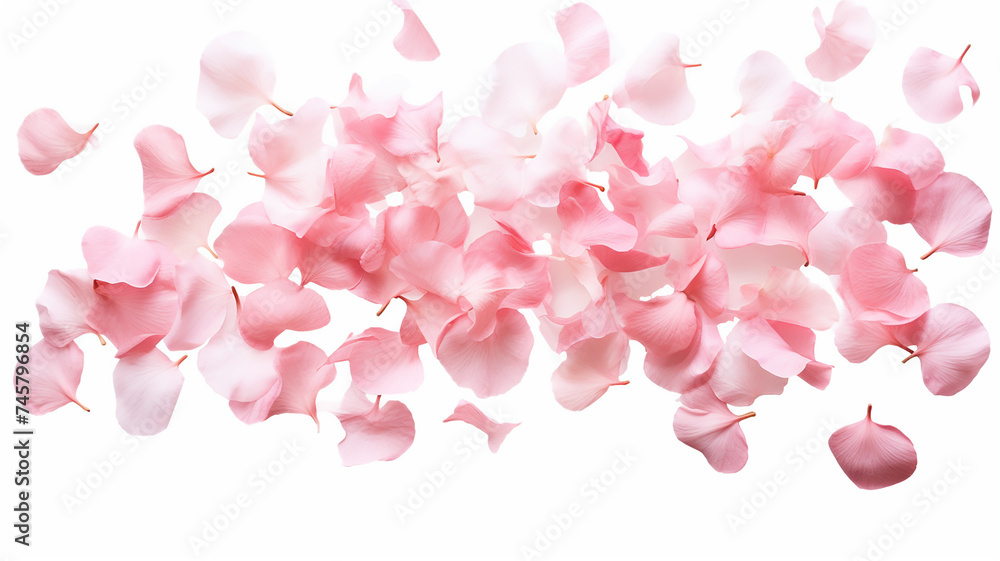 Dance of floating pink petals in the air, cut out on white background
