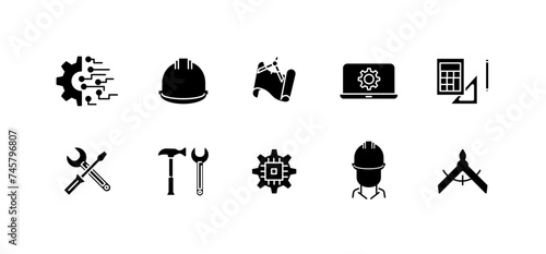 Silhouette icons set. Settings gear, construction helmet, map, calculator, keys and screwdriver, microprocessor, builder, compass icons for design. Vector icons