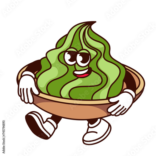 Groovy wasabi bowl cartoon character walking. Funny retro wasabi cup with smile, arms and legs, spicy Japanese dip for food mascot. Cartoon happy sauce sticker of 70s 80s style vector illustration